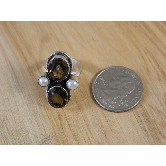 Vintage Topaz Sterling Silver Ring, Brown Topaz, Pearl Multi Stone Ring Sz 6.25 - Picture 8 of 10